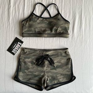 Savage Barbell Camo sports bra and lifting shorts